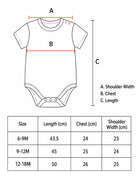 Baby romper size chart showing length, chest and shoulder measurements for 6–9M, 9–12M and 12–18M