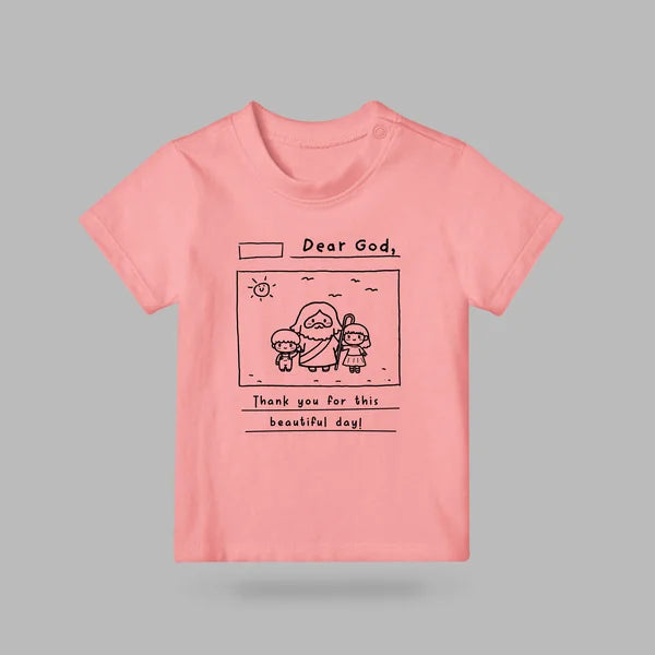 Pink Dear God kids T-shirt with hand-drawn Jesus and children notebook design