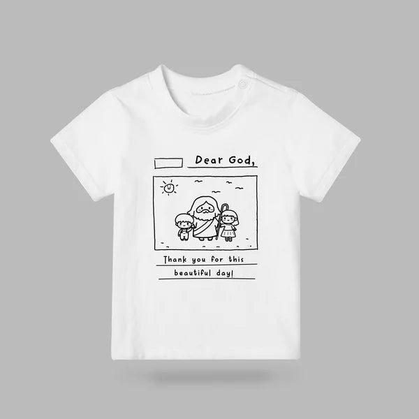 White Dear God kids T-shirt with notebook-style Jesus illustration and thank-you prayer design