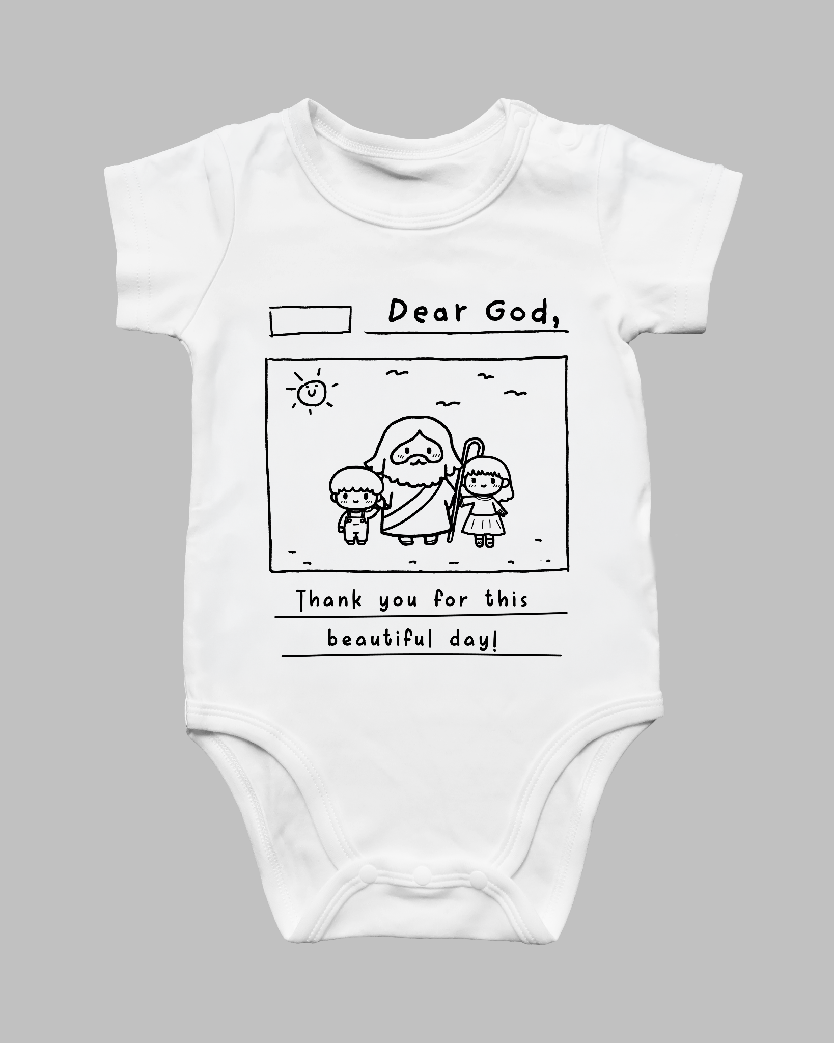 White Dear God Christian baby romper with Jesus, two children and a thank-you prayer design
