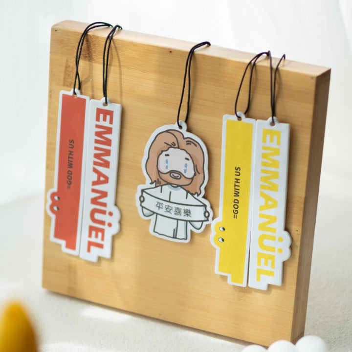 Inspirational air fresheners with 'Emmanuel' and cartoon Jesus design