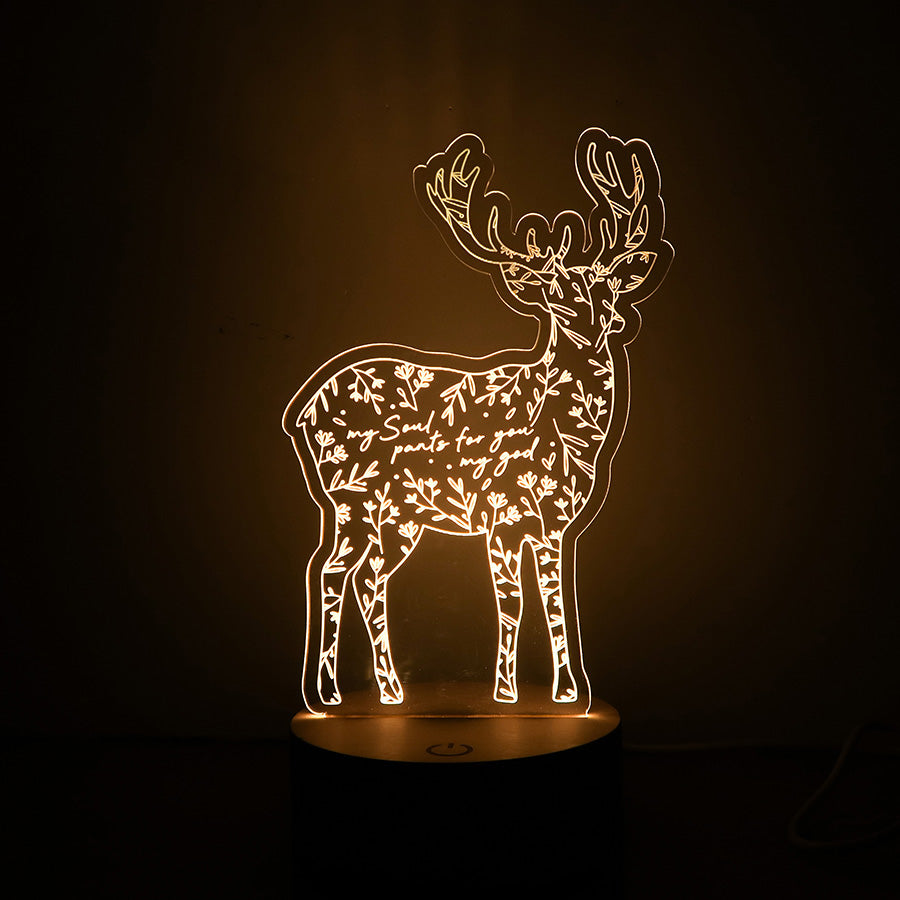 Christian LED lamp featuring a deer silhouette with floral patterns and Psalm 42 verse 'My soul pants for God.'