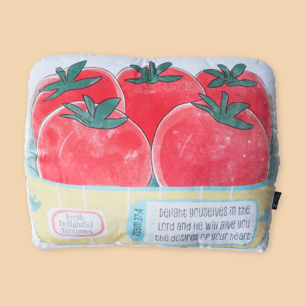 Faith-inspired plush toy pillow with vibrant tomato design, featuring Psalm 37:4 'Delight yourself in the Lord,' perfect for Christian home decor.