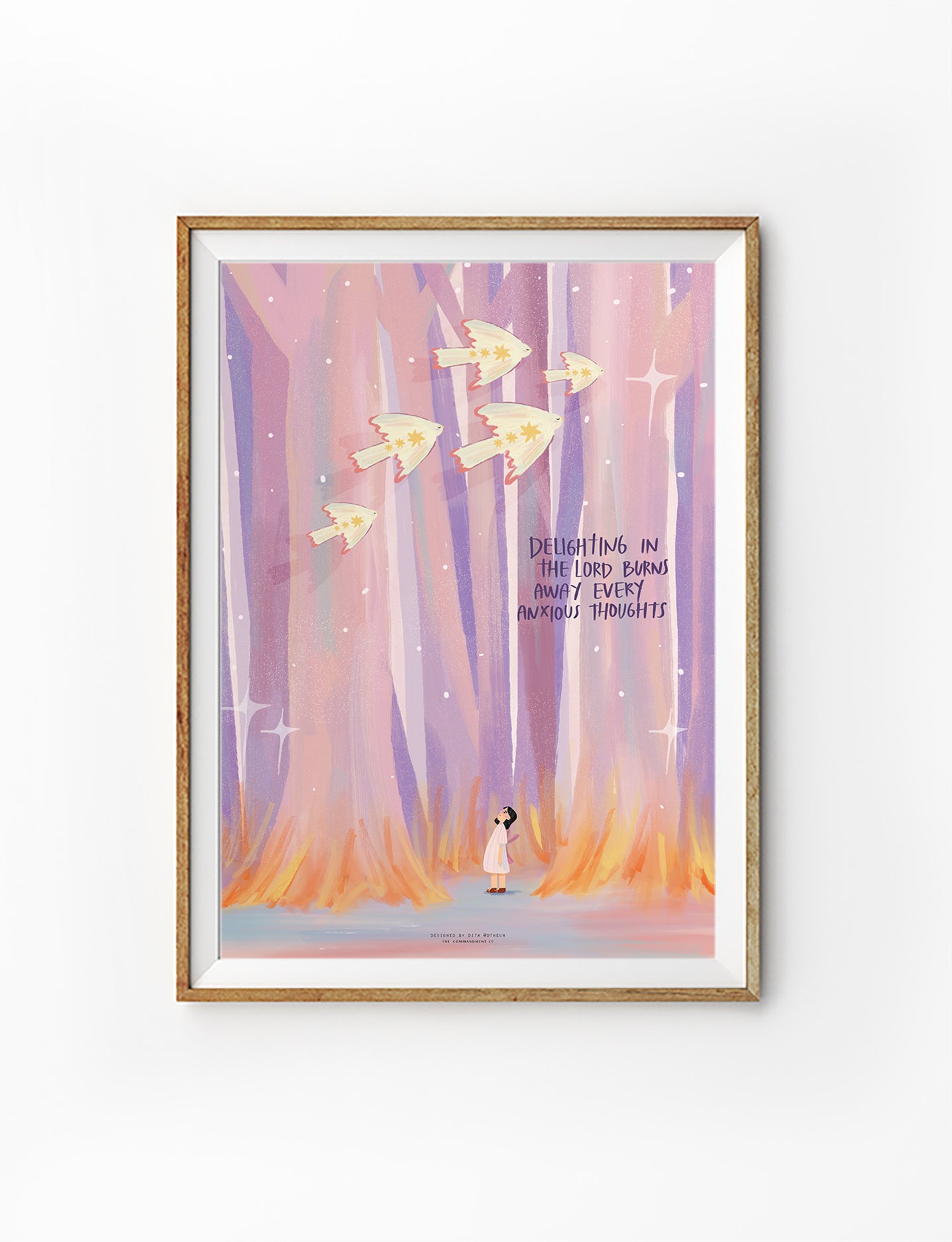 Christian wall art poster featuring pastel forest artwork with birds and the phrase “Delighting in the Lord burns away every anxious thoughts,” in collaboration with Dtheun.