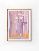 Christian wall art poster featuring pastel forest artwork with birds and the phrase “Delighting in the Lord burns away every anxious thoughts,” in collaboration with Dtheun.