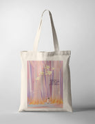 Canvas tote bag featuring Dita illustration of a girl in a dreamy pink forest with the phrase “Delighting in the Lord burns away every anxious thought”