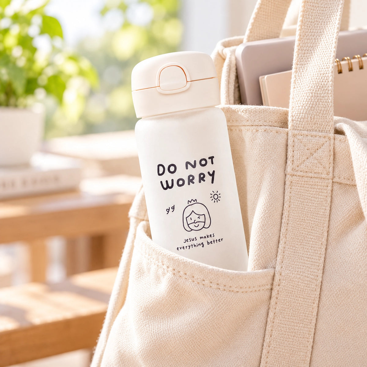Do Not Worry travel tumbler tucked into the side pocket of a cream tote bag in warm natural light