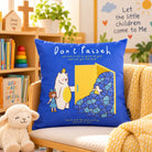 Don't Paiseh blue cushion cover in a Sunday school reading room