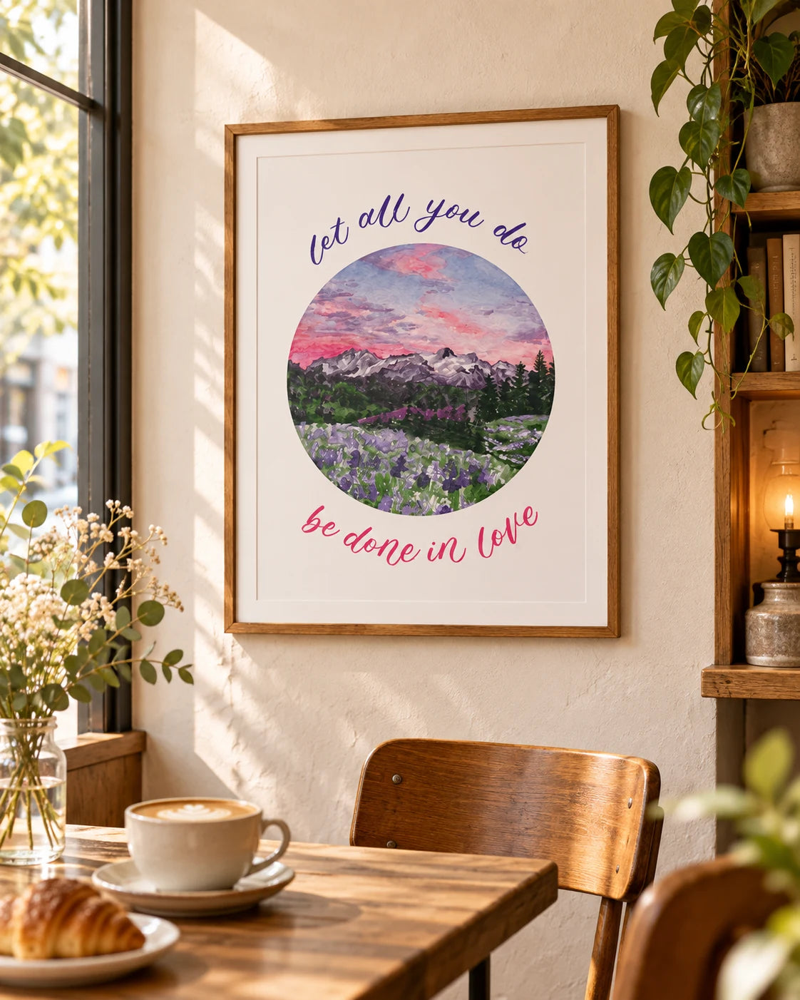 Done in Love Christian poster framed in a cosy cafe