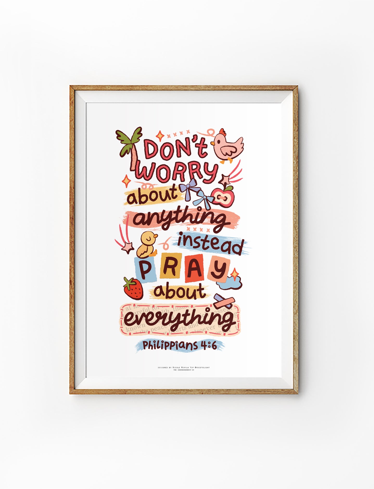 Christian poster featuring Philippians 4:6, “Don’t worry about anything, instead pray about everything,” with colourful illustrated artwork