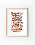 Christian poster featuring Philippians 4:6, “Don’t worry about anything, instead pray about everything,” with colourful illustrated artwork
