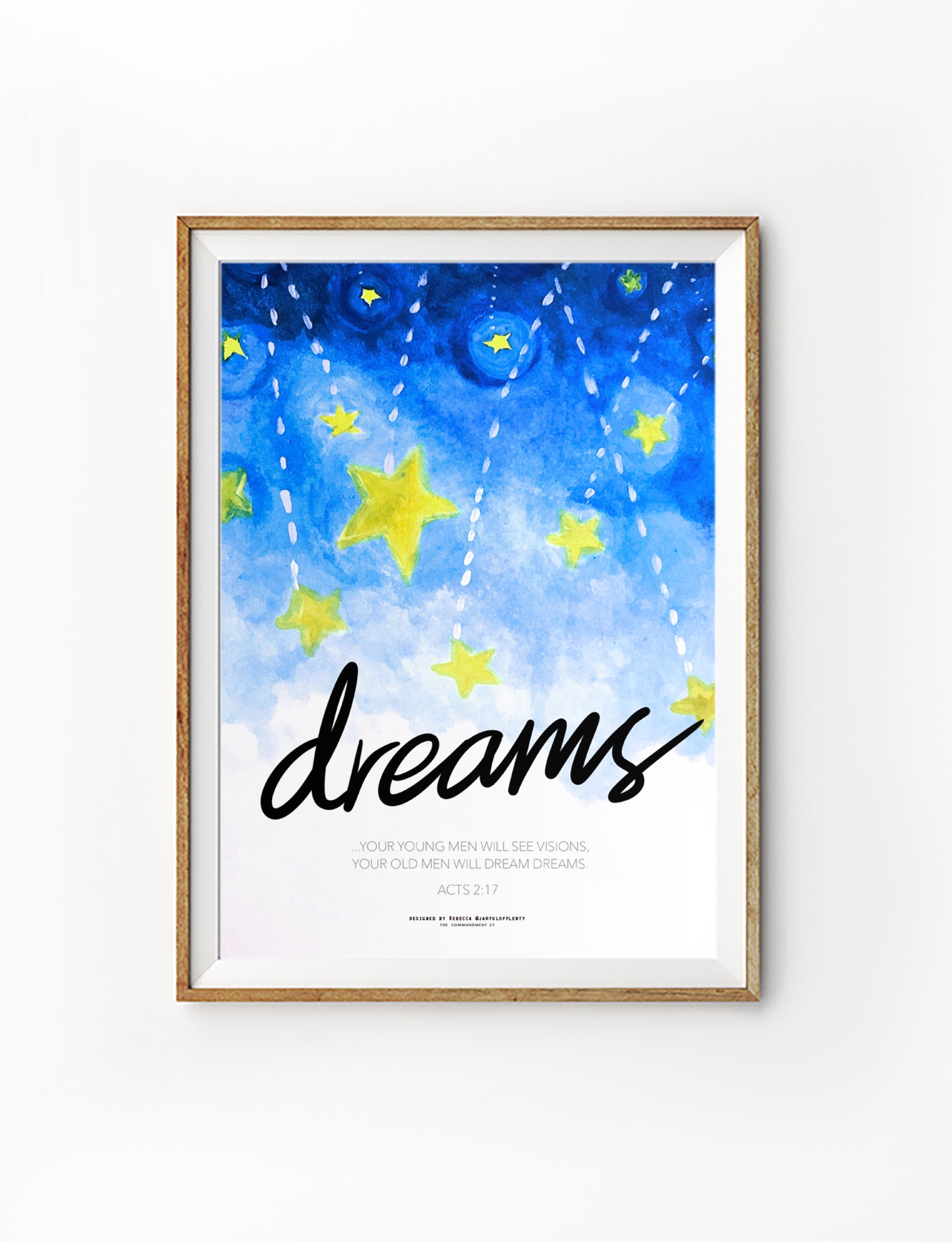 Christian art print with blue night sky and yellow stars, featuring Acts 2:17 — your young men will see visions, your old men will dream dreams.