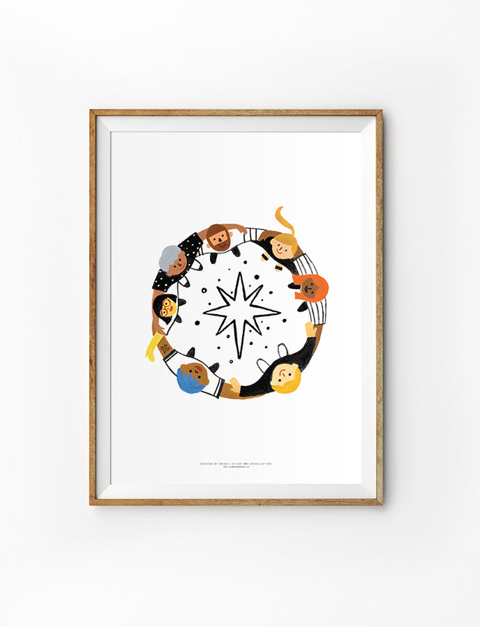 An artistic depiction of a diverse group of individuals holding hands in a circular unity around a central star, symbolizing community and faith. Perfect as a Christian gift available at a Christian Gifts Shop in Singapore.