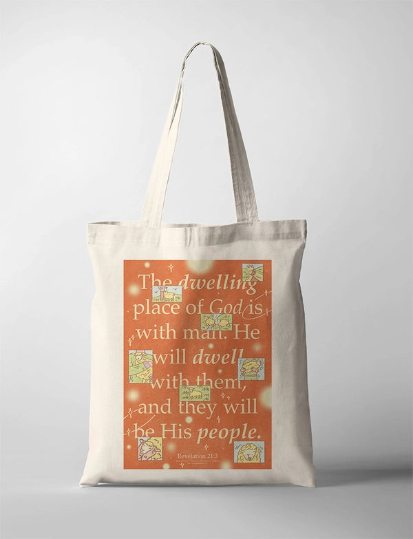 Natural cotton canvas Dwelling Place of God tote bag with orange Revelation 21:3 design