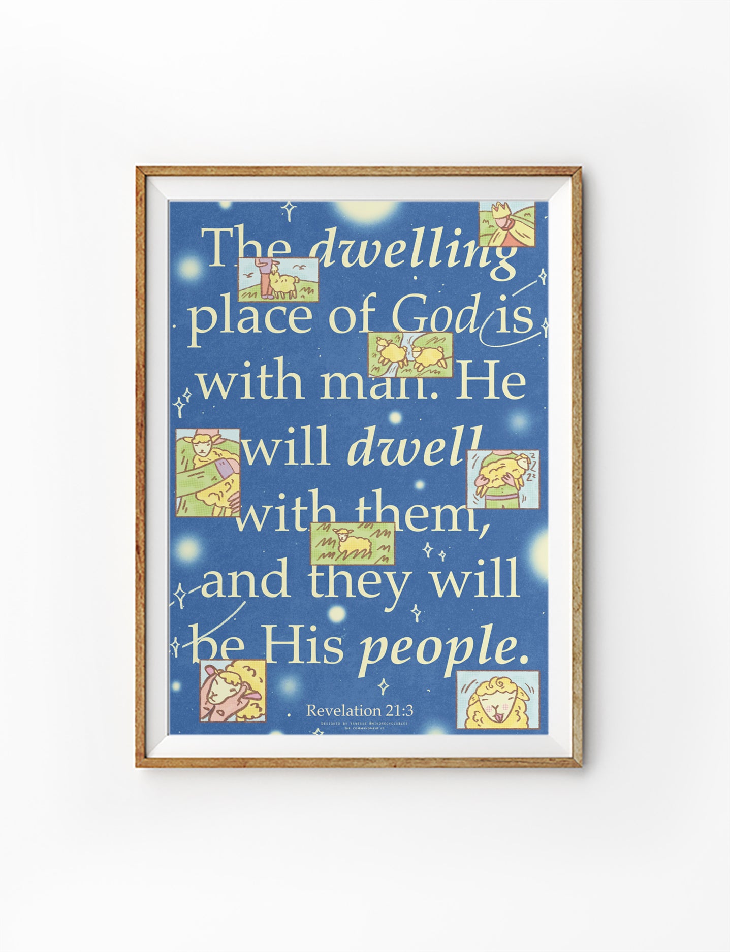 Dwelling Place of God Revelation 21:3 Christian poster in blue with illustrated sheep and bold typography