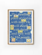 The Dwelling Place of God Revelation 21:3 poster in blue, featuring sheep illustrations and large typography about God dwelling with His people.