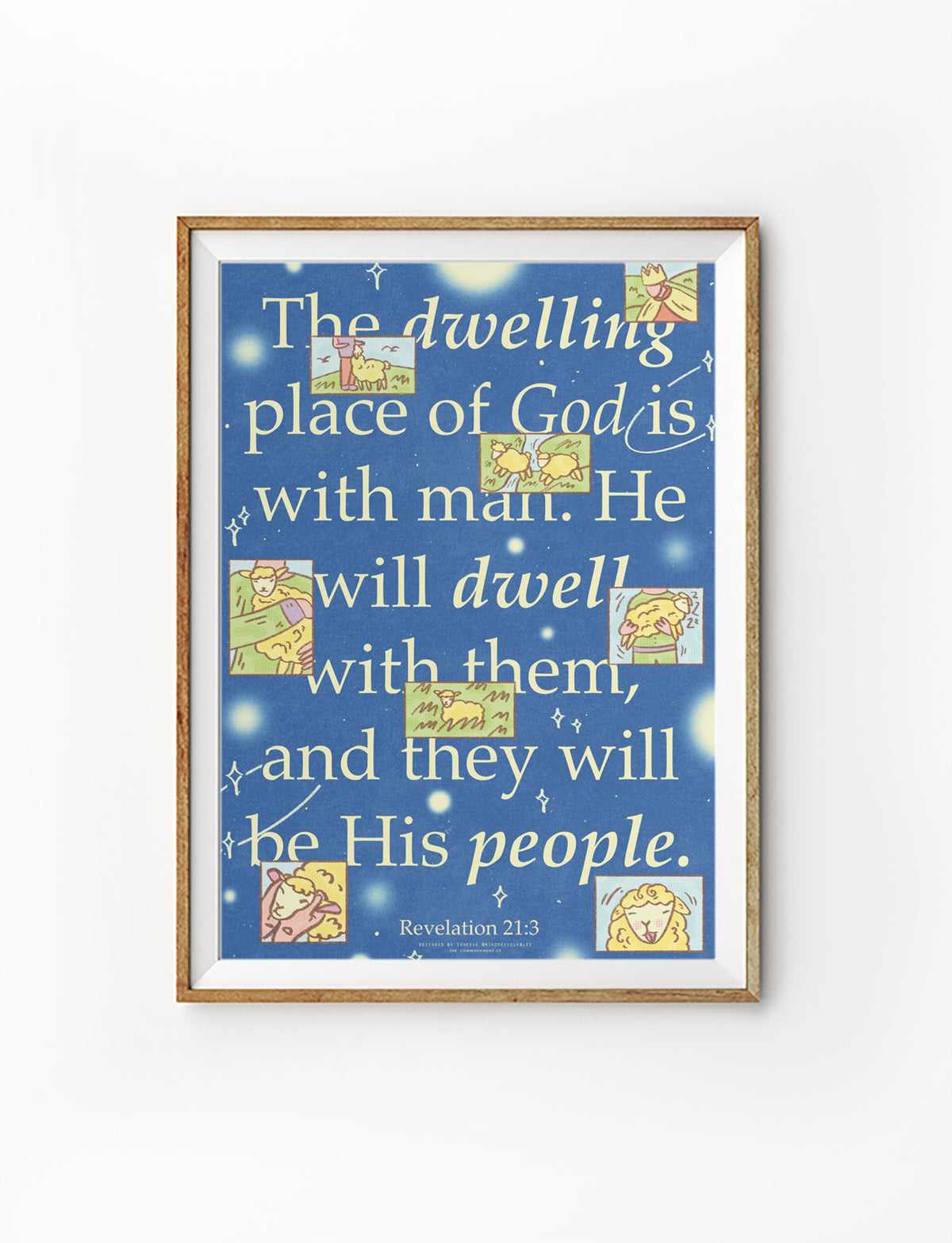 The Dwelling Place of God Revelation 21:3 poster in blue, featuring sheep illustrations and large typography about God dwelling with His people.
