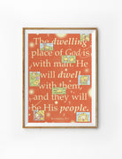 The Dwelling Place of God Revelation 21:3 poster in orange, featuring sheep illustrations and large typography about God dwelling with His people.