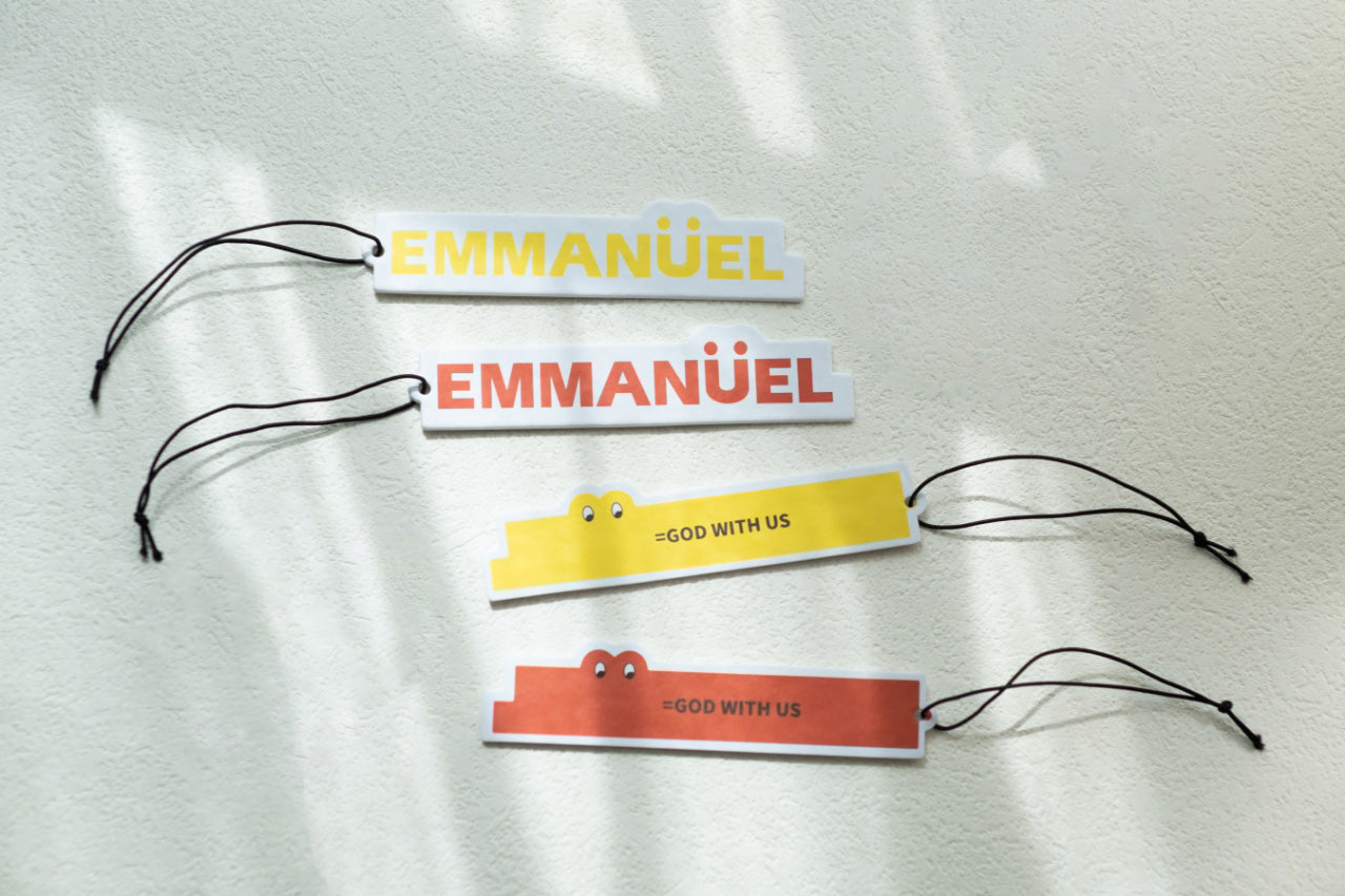 Colorful Christian scent tags with 'Emmanuel' and 'God With Us' messages