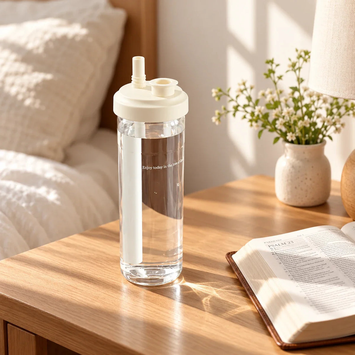 Clear Enjoy Today in the Love of God water bottle beside an open Bible