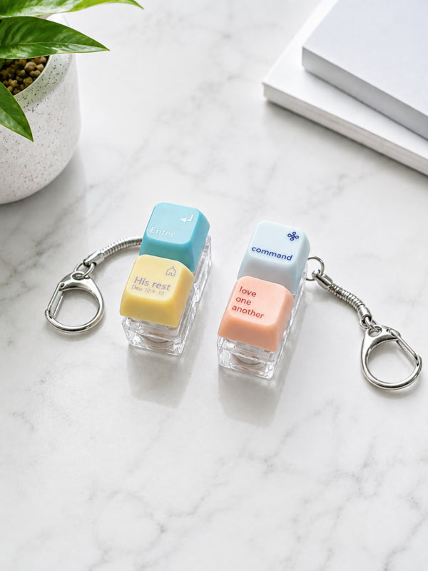 Enter His Rest and Command Love One Another double keycap keychains displayed on a desk