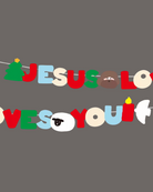  Bold and cheerful letters spelling "JESUS LOVES YOU," featuring 18 unique patterns + lettering with Christian symbols like a sheep and candle.