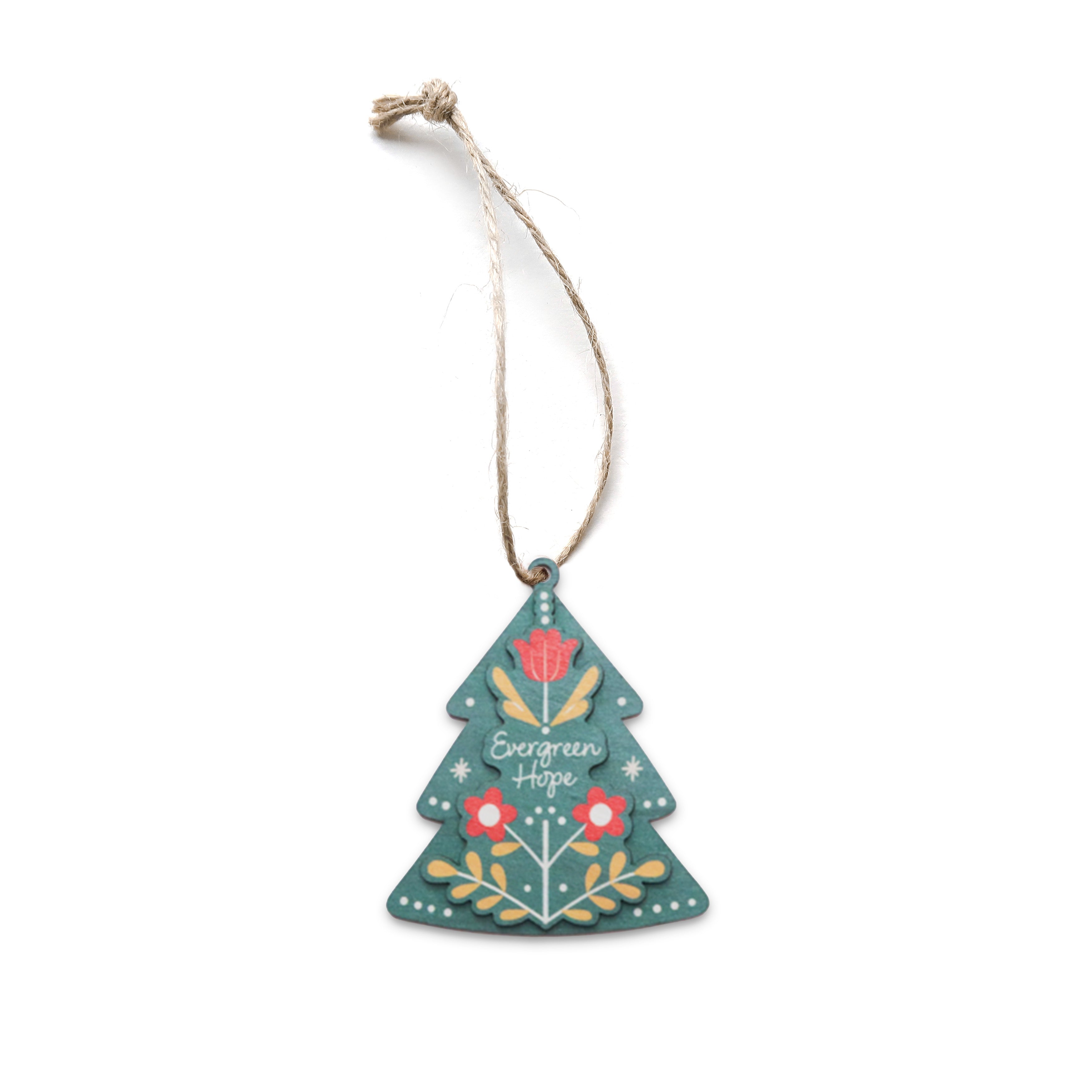 Green Christmas tree-shaped bauble with floral patterns and the words ‘Evergreen Hope’