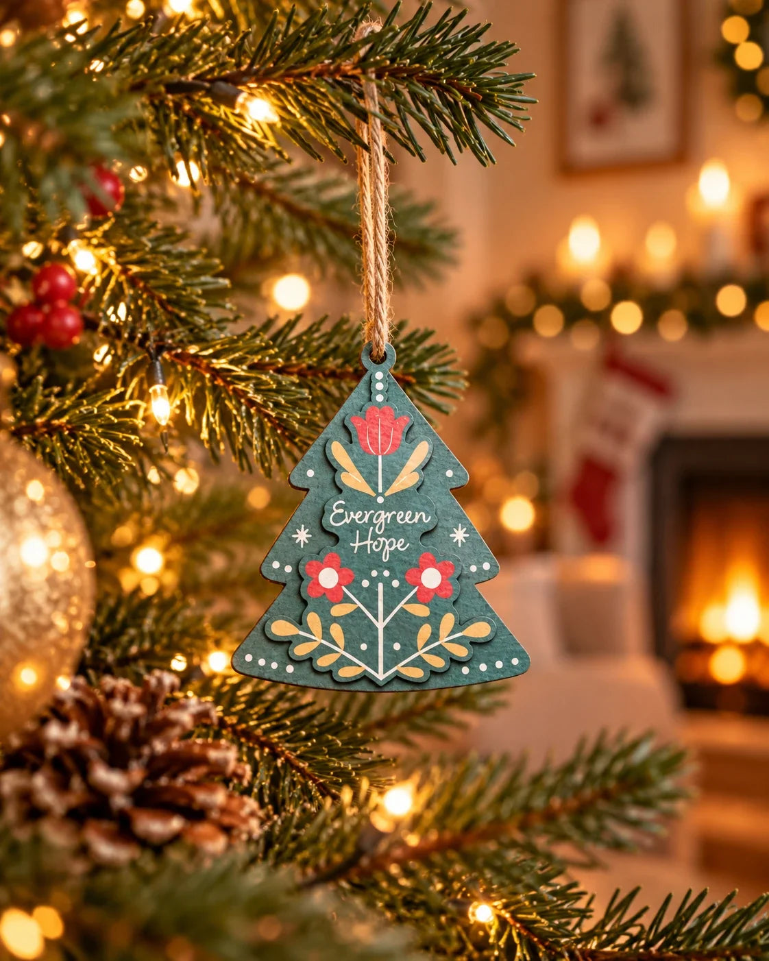 Evergreen Hope bauble hanging on illuminated Christmas tree