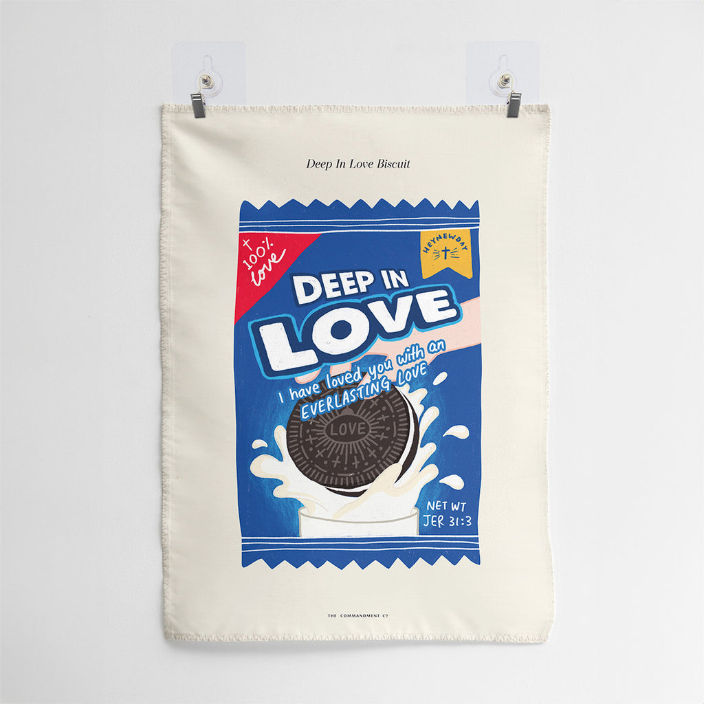 Wall tapestry featuring a biscuit design with the phrase 'Deep in Love: I Have Loved You with an Everlasting Love,' inspired by Jeremiah 31:3 for Christian home decor.