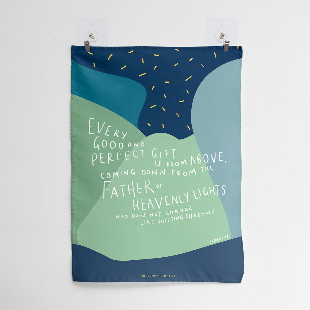 Christian wall art featuring the Bible verse 'Every Good and Perfect Gift is from Above' from James 1:17, with a colorful abstract design and inspirational message.