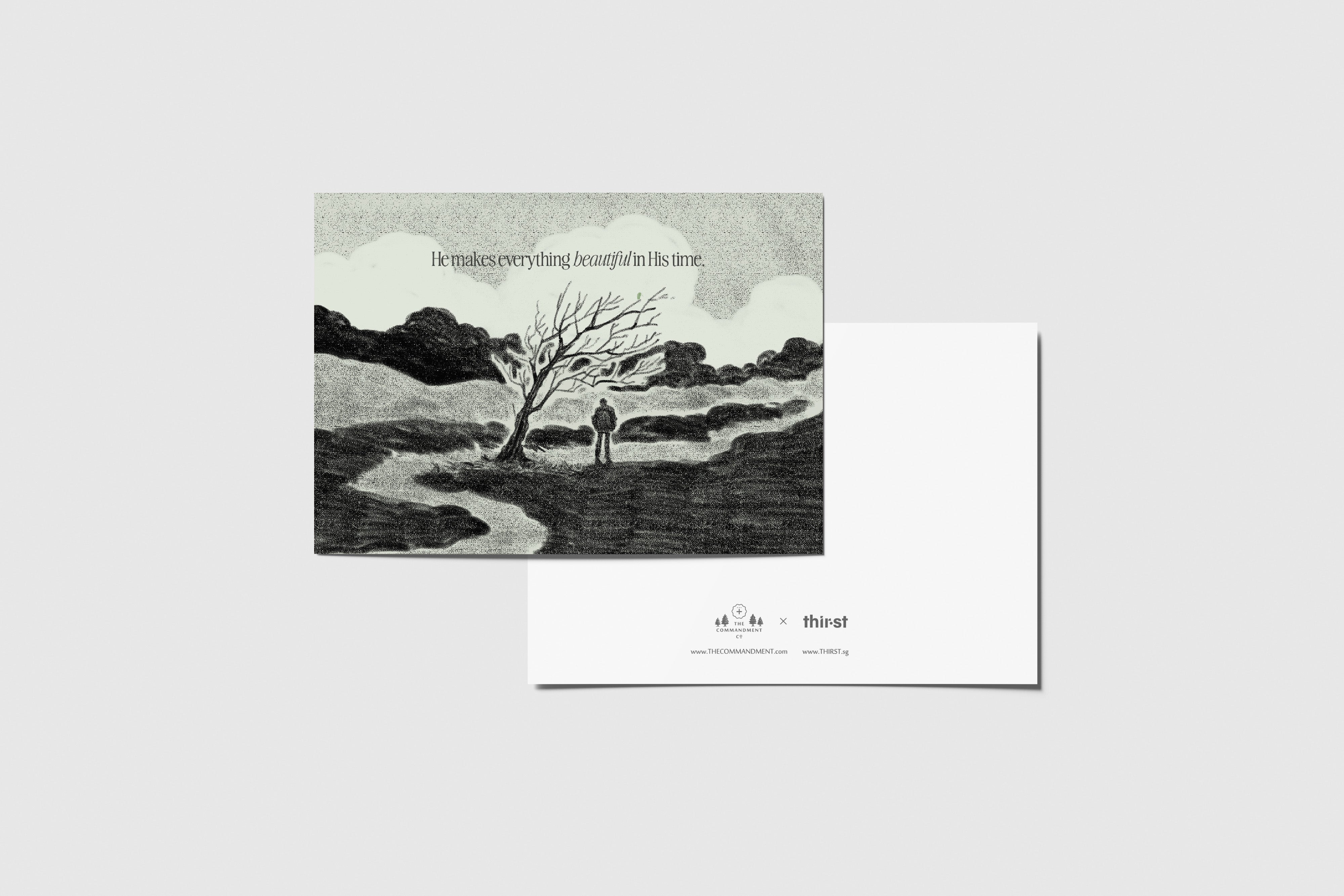 Everything Beautiful In His Time postcard with black and white landscape illustration, designed by Thir.st in collaboration with The Commandment Co.