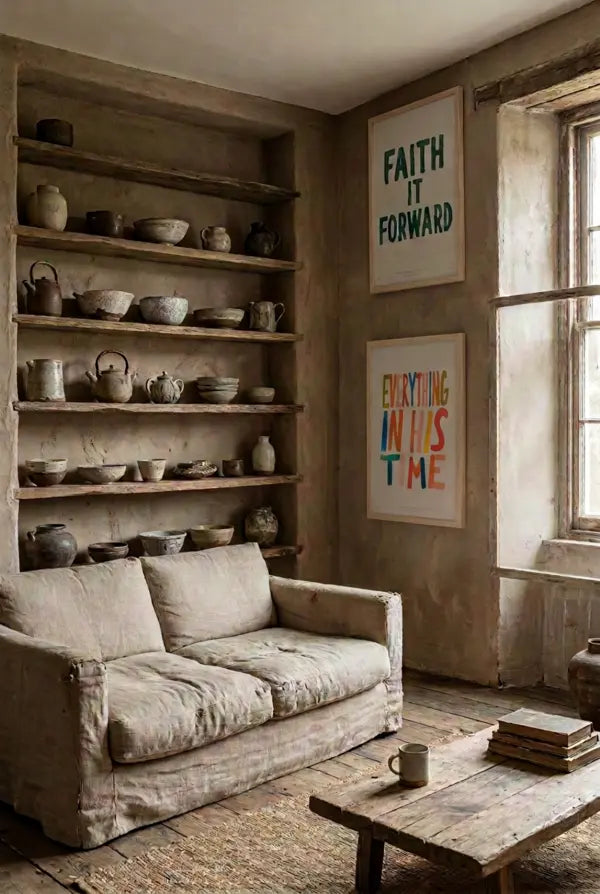 Everything In His Time poster displayed with Faith It Forward in a warm rustic living room