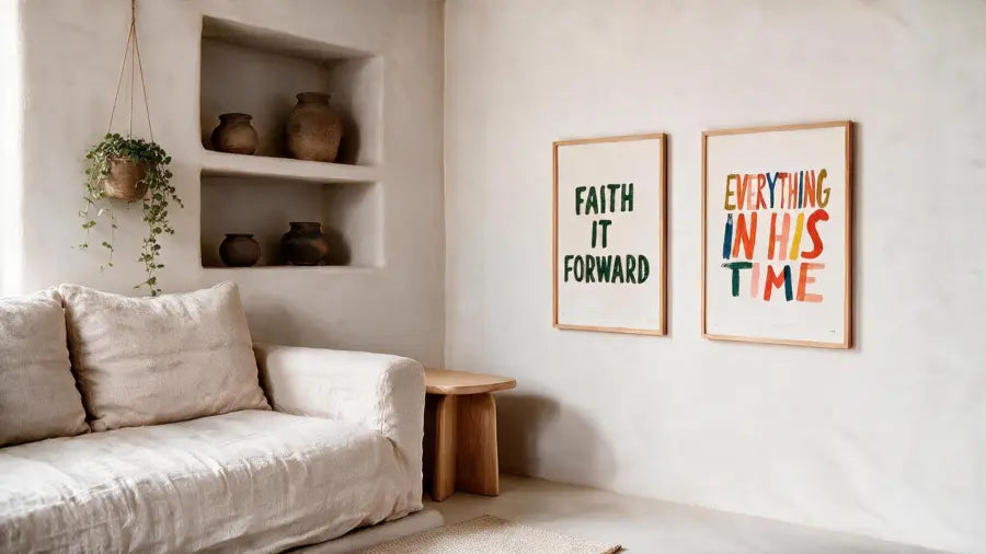 Everything In His Time poster beside Faith It Forward in a bright neutral living room