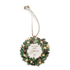 Christian Christmas ornament featuring a decorative wreath with stars and holly, displaying the verse 'Let your light shine' from Matthew 5:16, ideal for festive holiday decor or gifting.