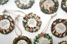 Close-up of faith-based Christmas wreath ornaments featuring Bible verses and festive decorations, perfect for meaningful holiday celebrations.