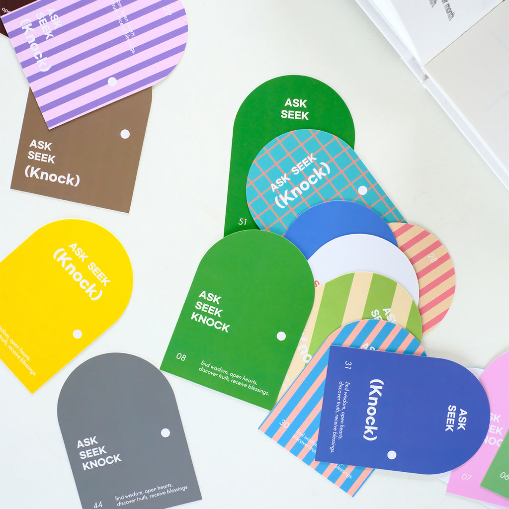 Faith-based conversation cards in vibrant colors, designed for asking, seeking, and inspiring meaningful and deep dialogue.