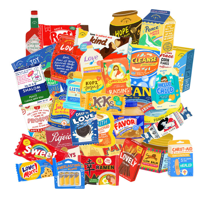 Faith-based sticker collection featuring colorful packaging designs with Bible-inspired messages of love, hope, joy, and encouragement.