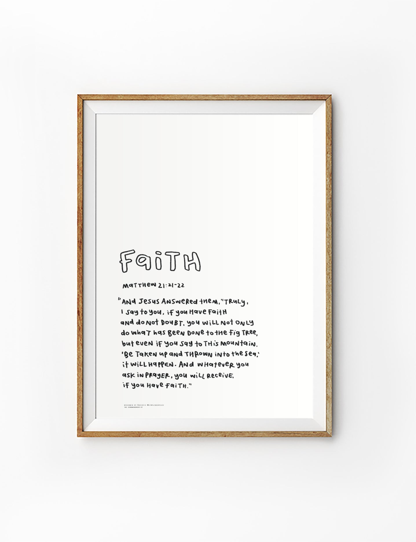 Faith Bible verse poster featuring Matthew 21:21-22 in a simple handwritten style, displayed in a framed wall art mockup.