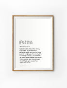 Faith Bible verse poster featuring Matthew 21:21-22 in a simple handwritten style, displayed in a framed wall art mockup.