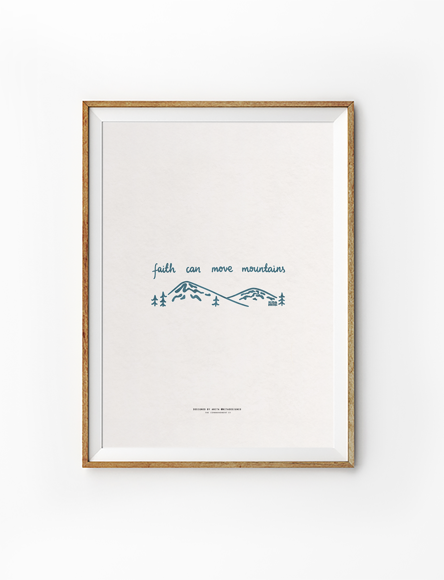  Minimalist "faith can move mountains" poster in a wooden frame, featuring simple blue line art of mountains and trees, inspiring Christian faith and simple happiness.