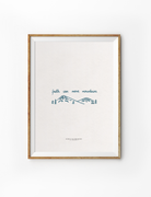  Minimalist "faith can move mountains" poster in a wooden frame, featuring simple blue line art of mountains and trees, inspiring Christian faith and simple happiness.
