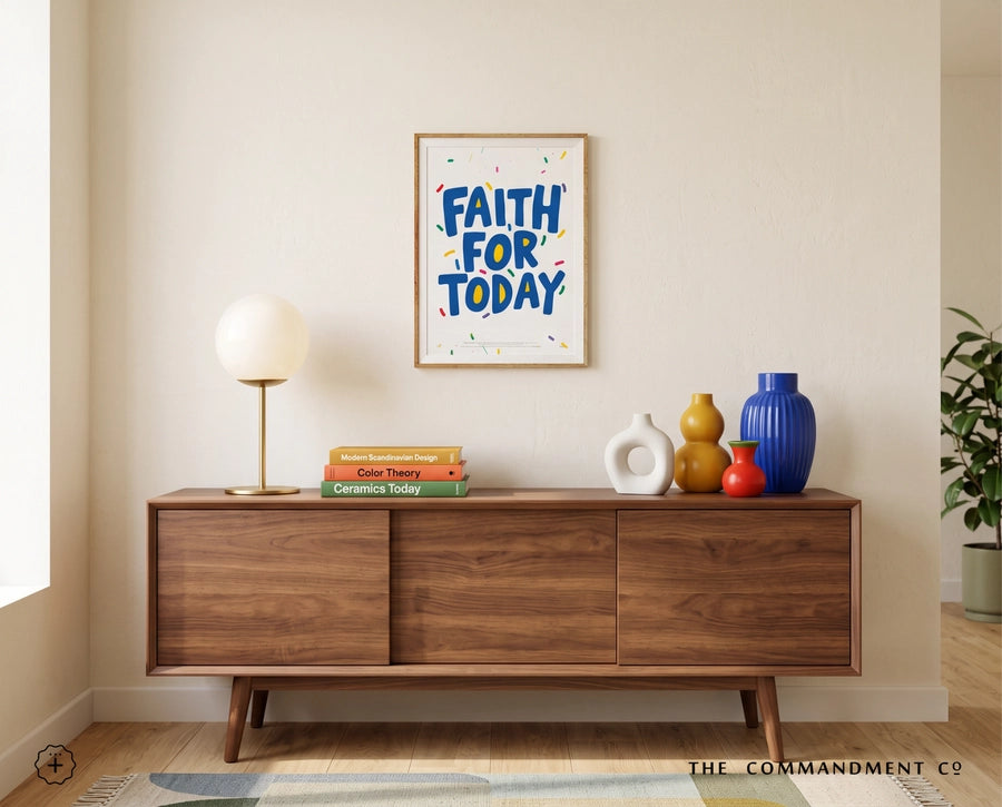 Faith for Today Christian poster displayed above a wooden sideboard in a warm modern interior