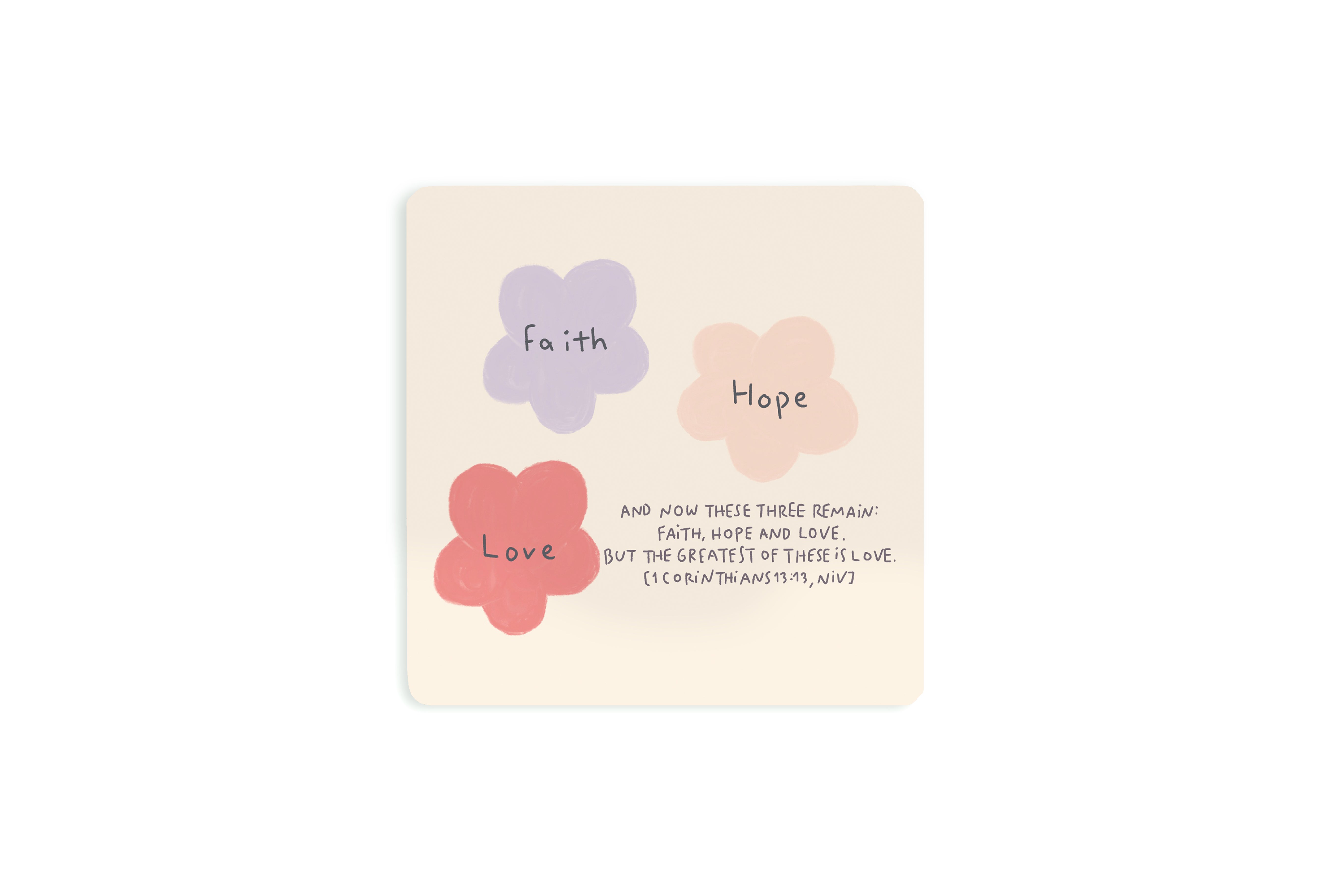 Faith Hope Love Christian wooden coaster illustrated by Moojigae Drawing.