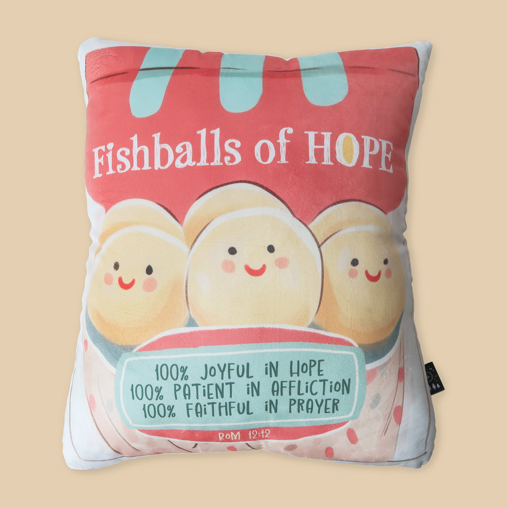 Fishballs of Hope Christian plush pillow with Romans 12:12 verse, encouraging joy, patience, and faith in a playful, inspirational design.