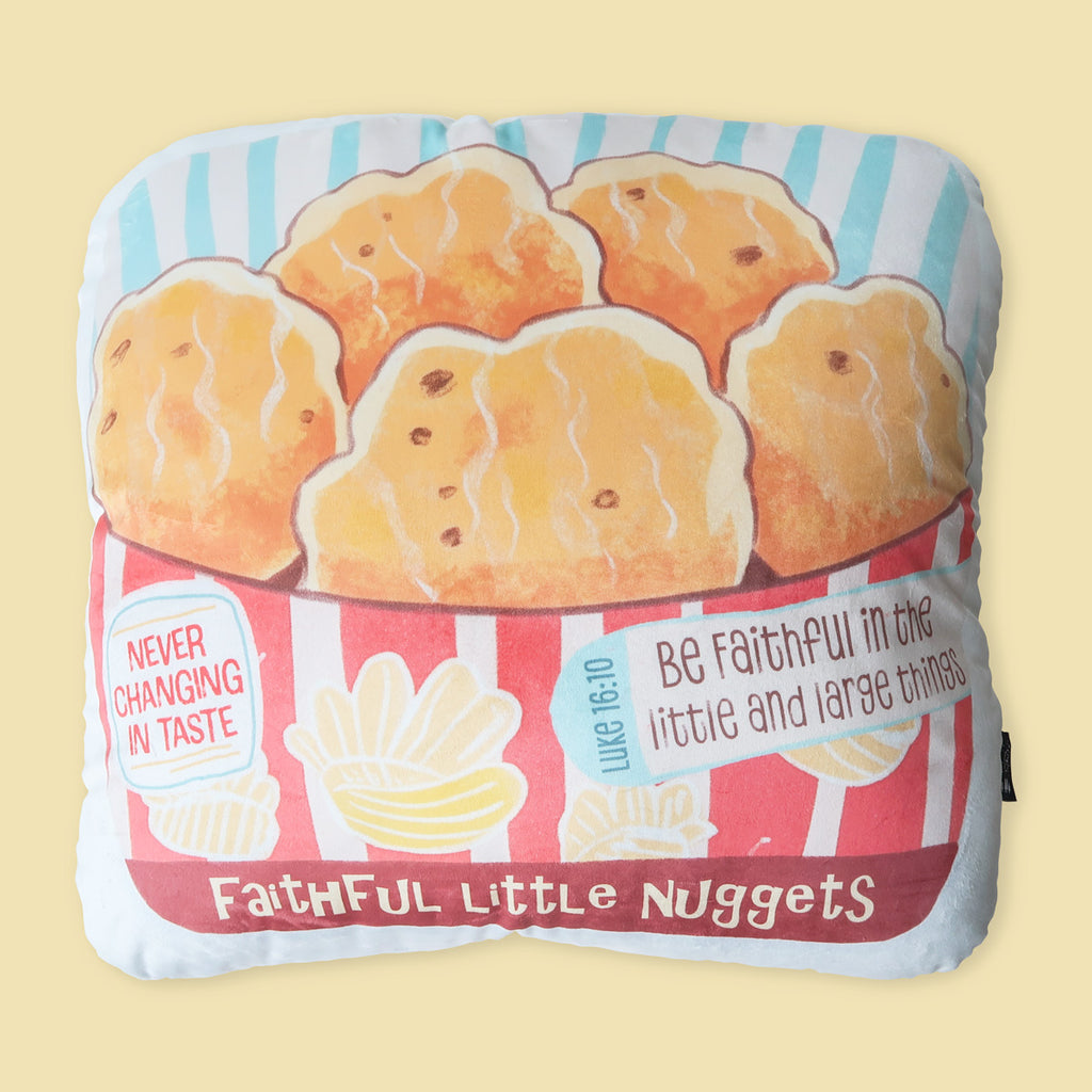 Faithful Little Nuggets Christian plush toy with a playful design, featuring Luke 16:10, 'Be Faithful in the little and large things,' and a reminder of 'Never Changing in Taste' for faith-inspired decor.