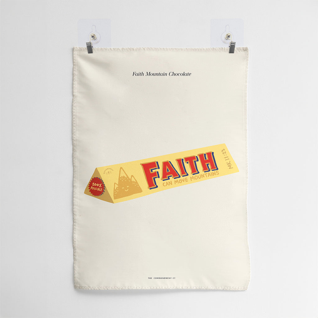 Wall tapestry featuring a faith-inspired chocolate design with the phrase 'Faith Can Move Mountains' and scripture Mark 11:23, ideal for Christian home decor.