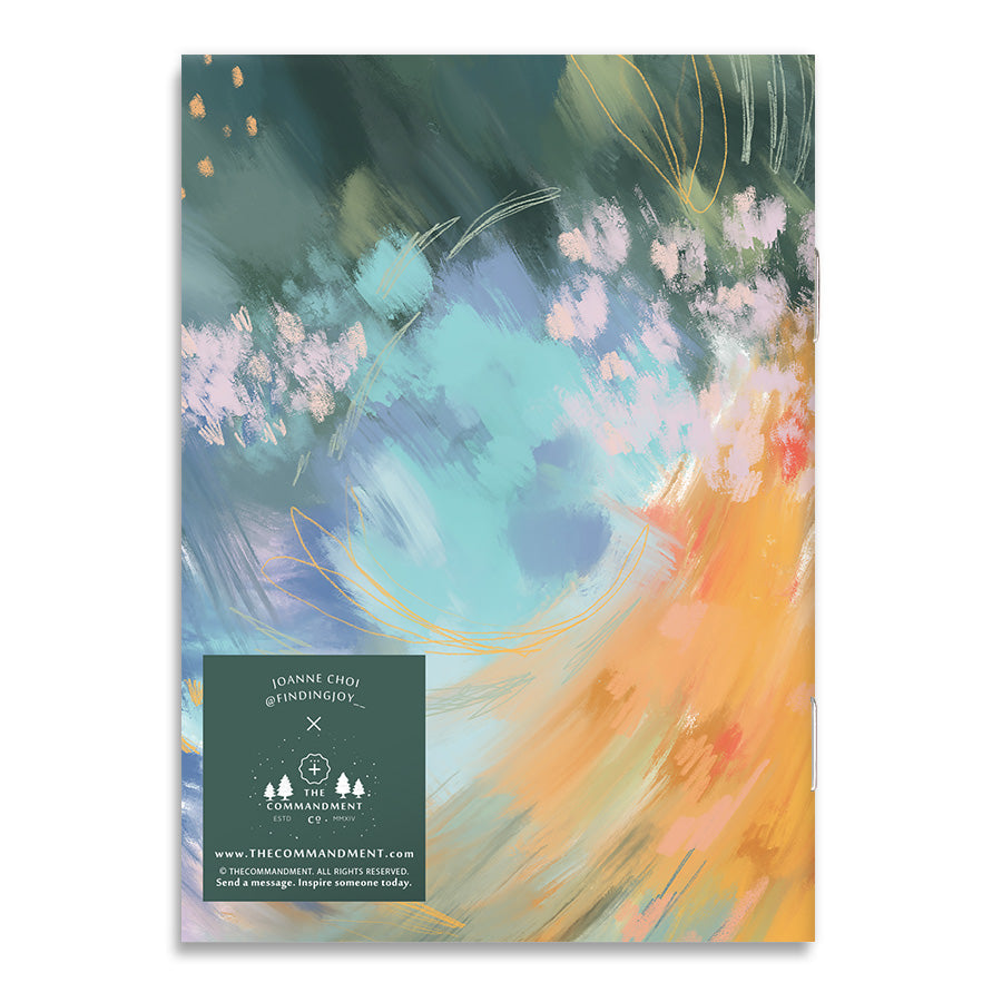 Back cover of the A6 notebook 'Perfect Peace' with a colorful abstract watercolor design by Joanne Choi