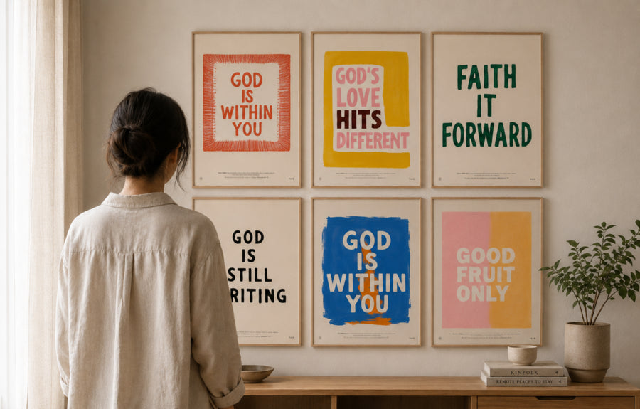 Faith It Forward Christian poster shown among five separately sold scripture prints on a warm neutral gallery wall