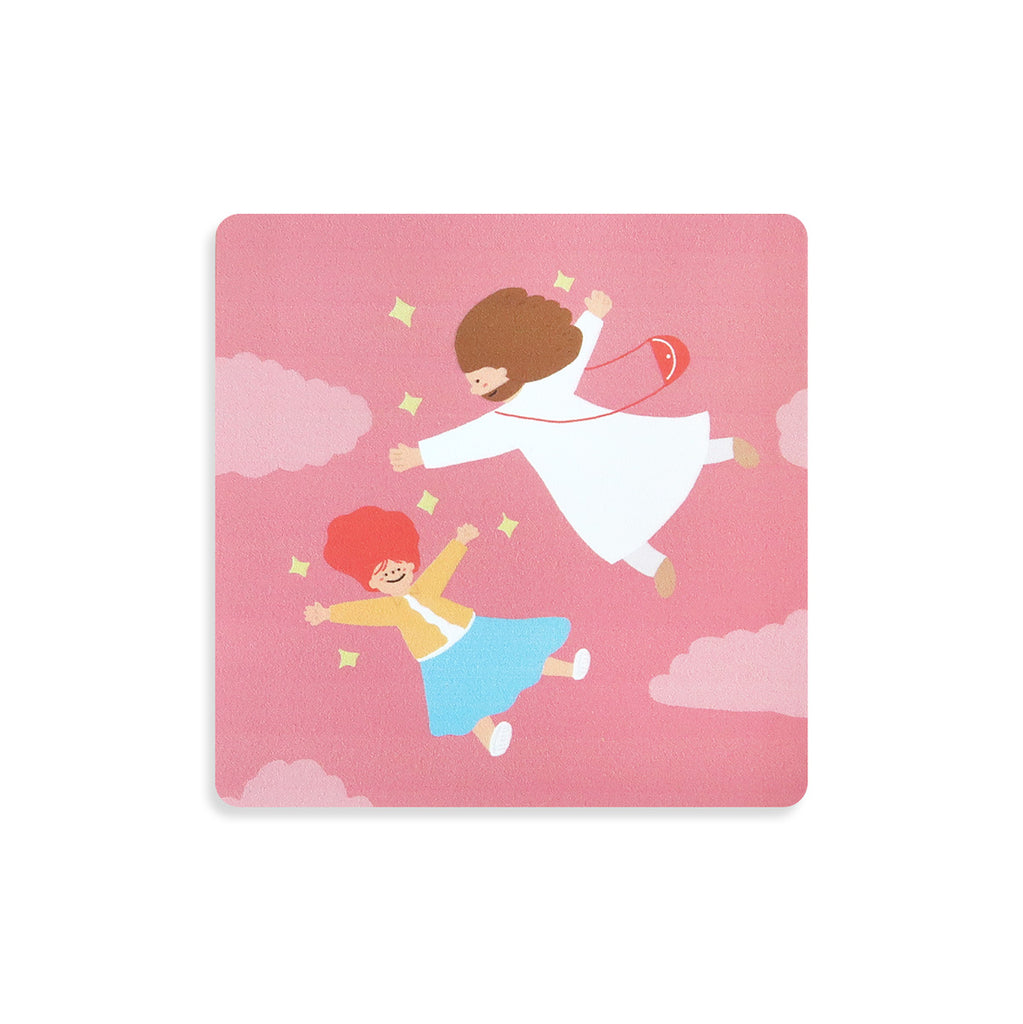 Coaster featuring Jesus and a girl flying among pink clouds with shining stars, symbolizing faith and hope for Christian-inspired decor.