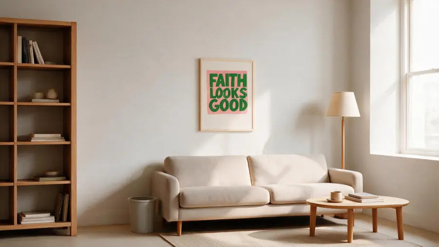 Faith Looks Good Christian poster displayed above a cream sofa in a bright living room